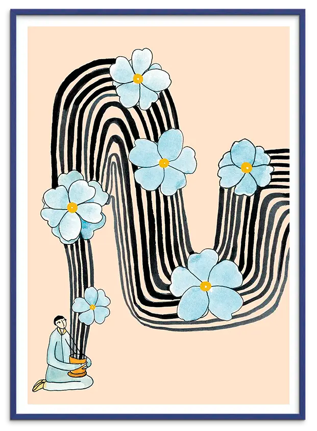 Blå træramme til FLORAL BATH kunstplakat