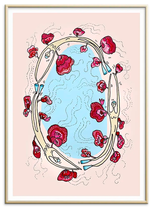 Messingfarvet aluminiumsramme til SWIMMERS & PEONIES kunstplakat