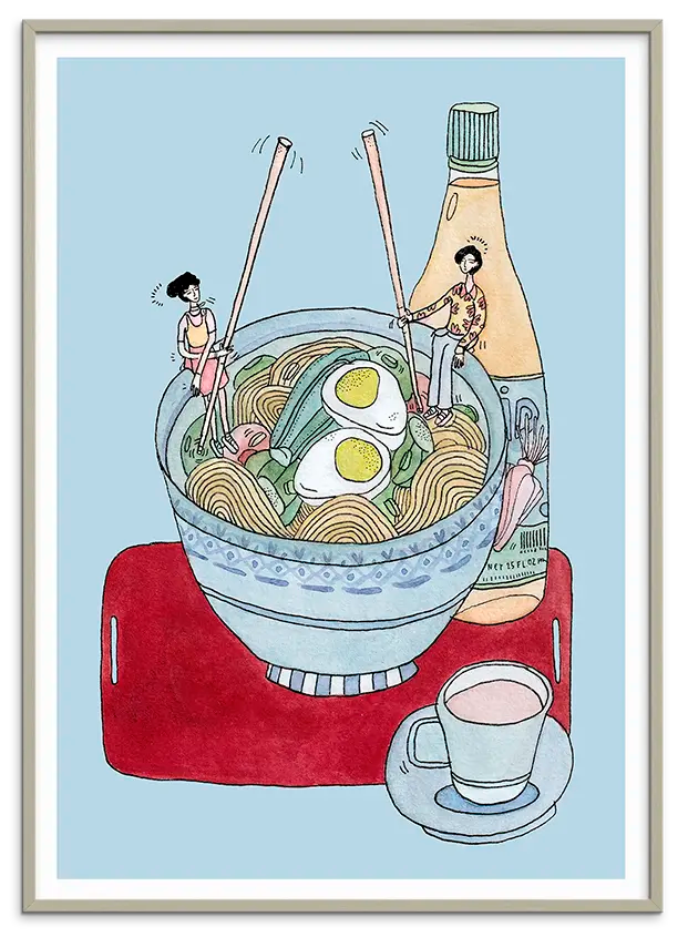 Cashmeregrå træramme til NOODLE GOSSIP kunstplakat