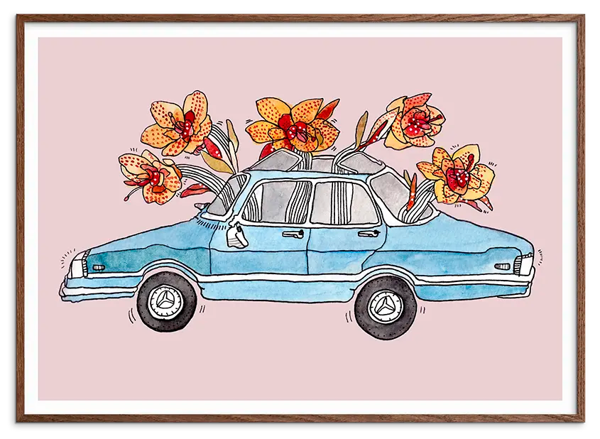 Mørk egetræsramme til BLOOMING CAR kunstplakat