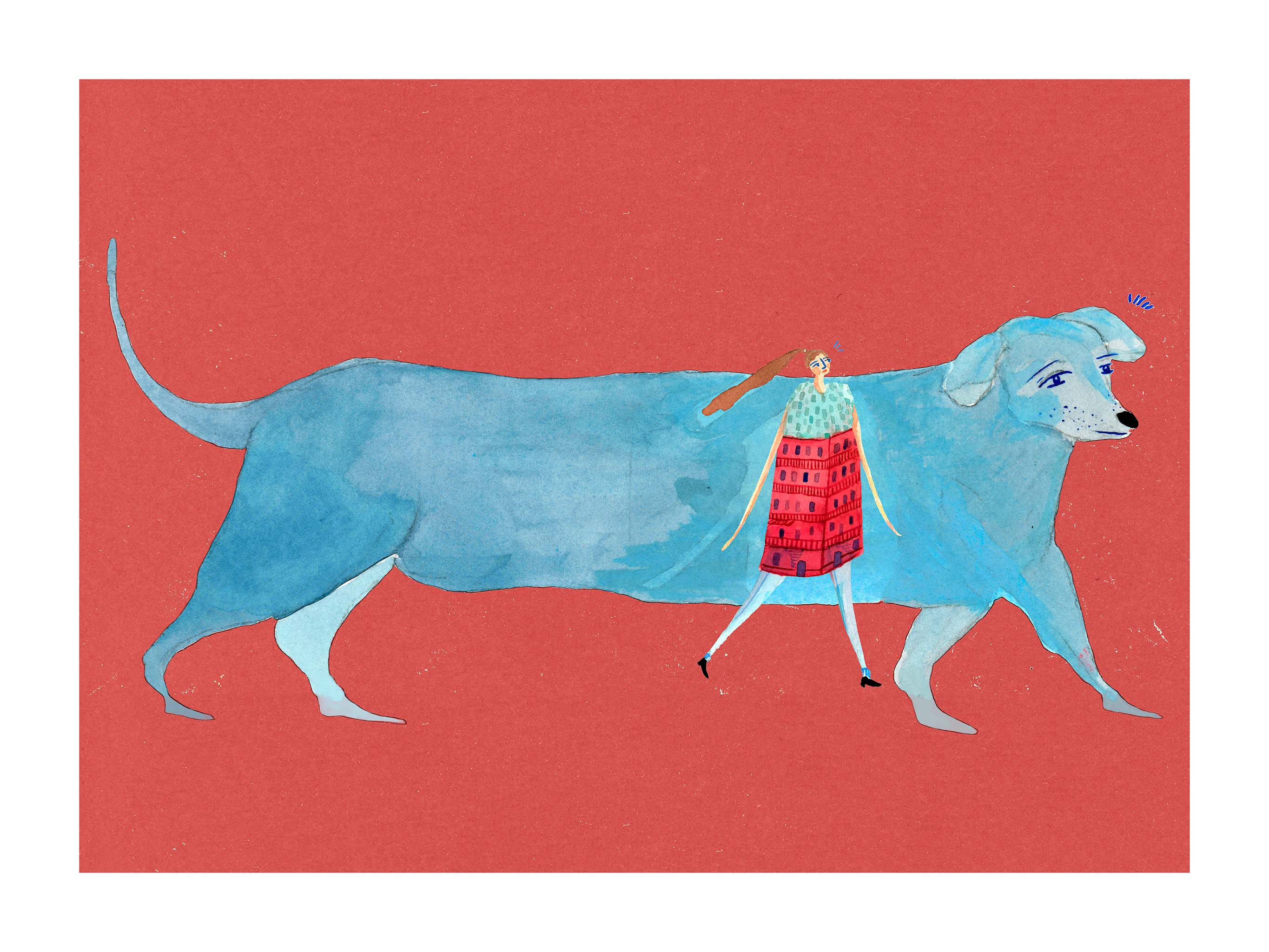 Børneplakat med lang hund og sladrehistorier fra byens kroge. Håndtegnet dansk kunst fra Krull Studio.