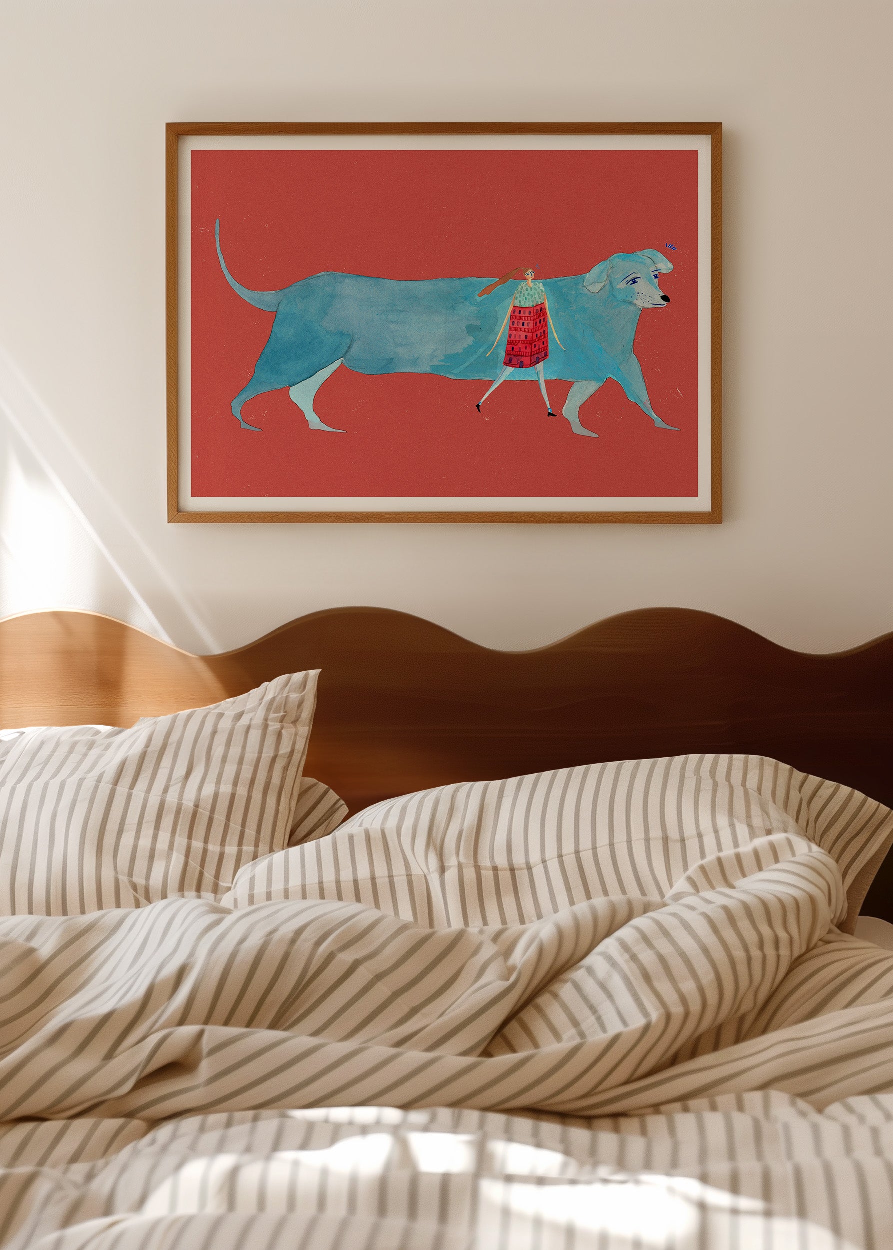 Den Blåbenede Hund kunstplakat med blå hund og lille person over en seng