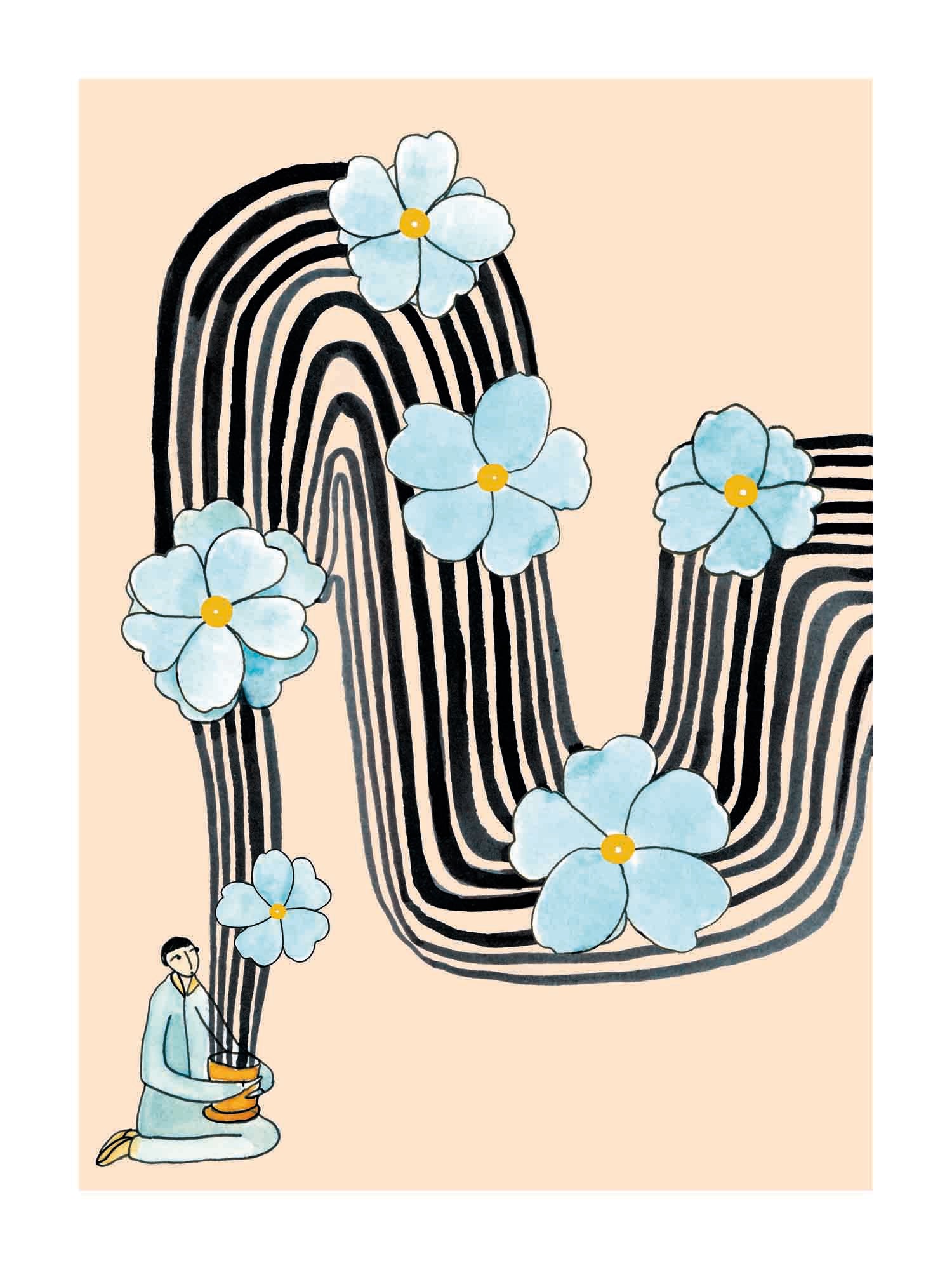 Japandi plakat med kvinde i bad med sprudlende forglemmigej. Håndtegnet dansk kunst fra Krull Studio.