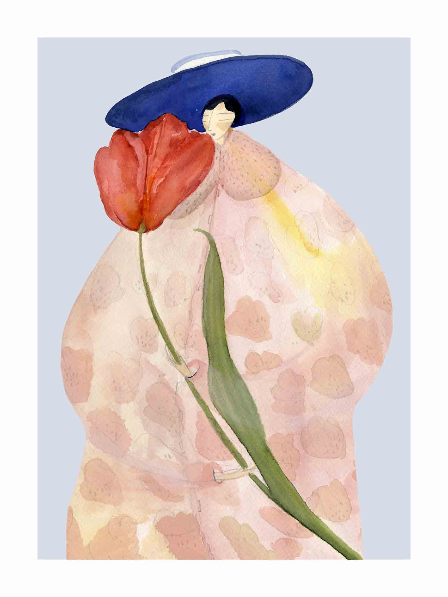 Japandi plakat med tulipankys i sommerstemning. Håndtegnet dansk kunst fra Krull Studio.