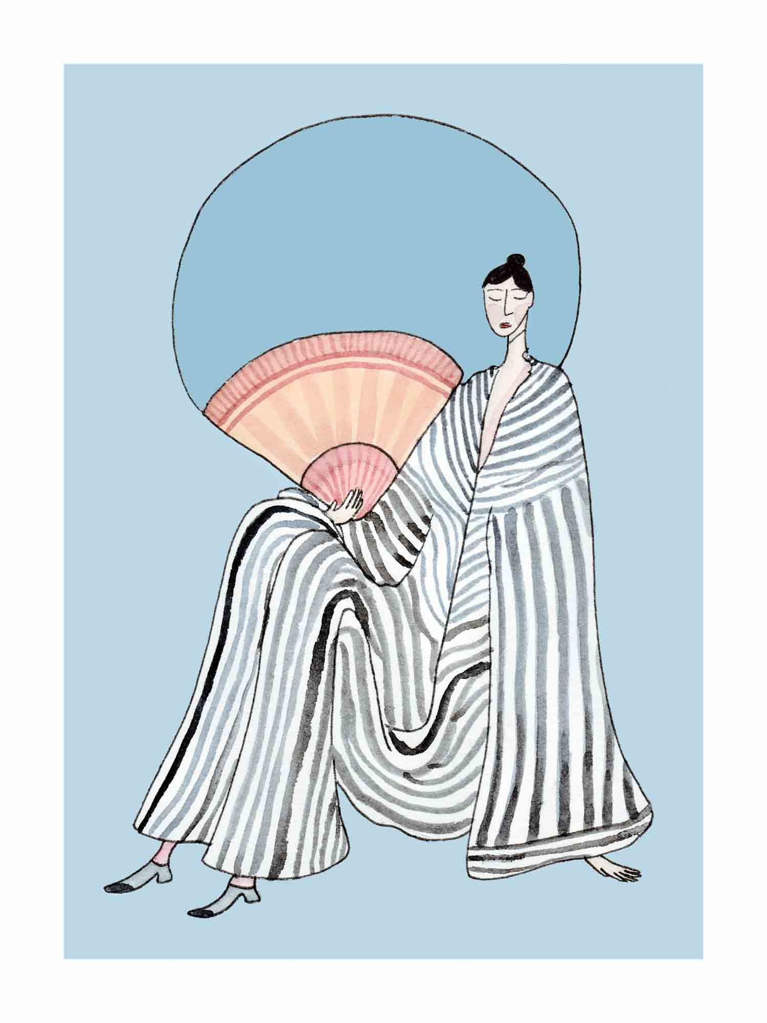 Japandi plakat med vifter der danser i fuldmånens hvide skær. Håndtegnet dansk kunst fra Krull Studio.