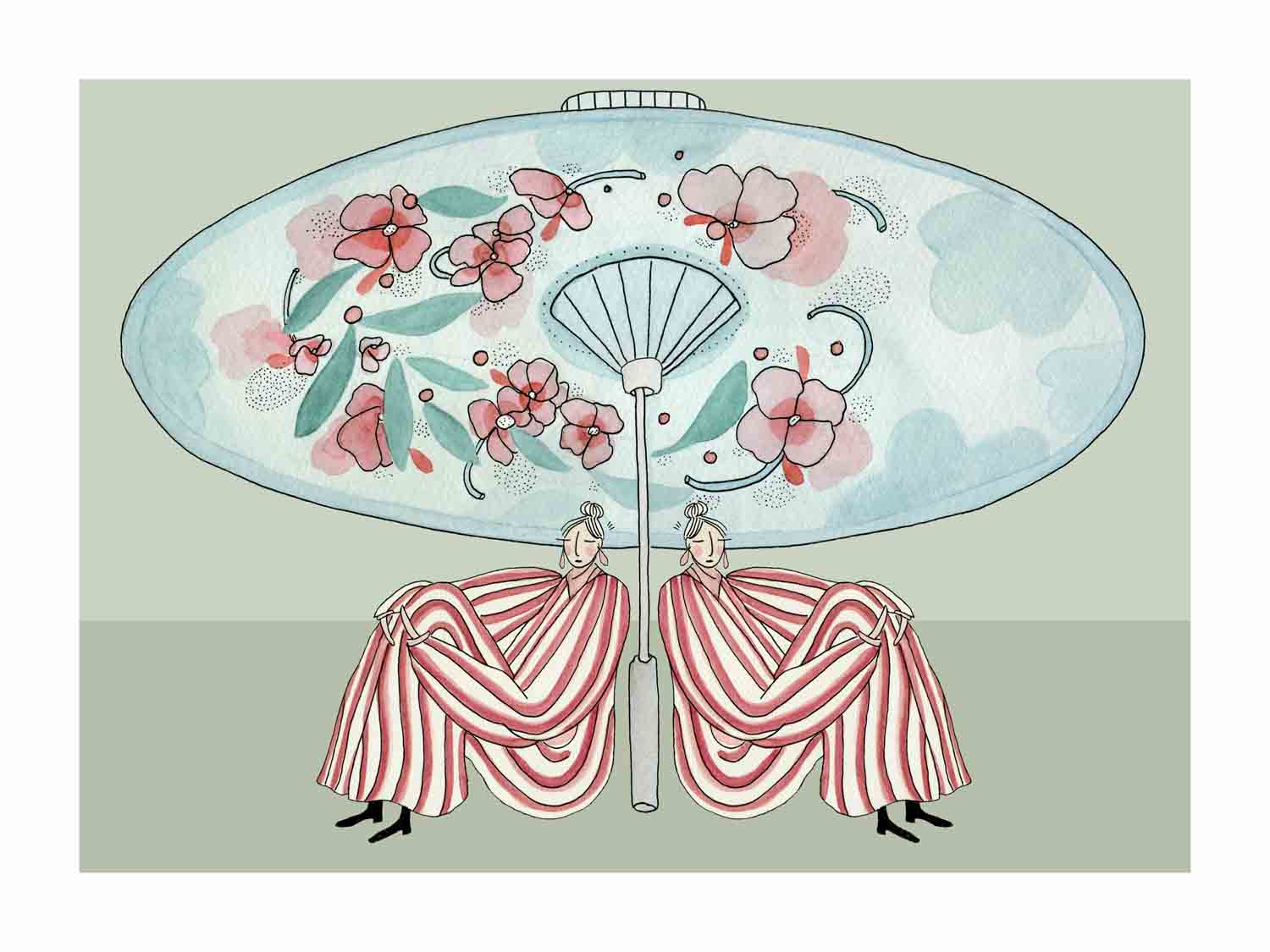 Japandi plakat med feminin havegudinde og florale solstrejf. Håndtegnet dansk kunst fra Krull Studio.