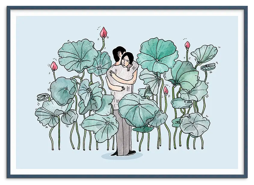 Petroleumsblå træramme til WATER LILIES LOVERS kunstplakat