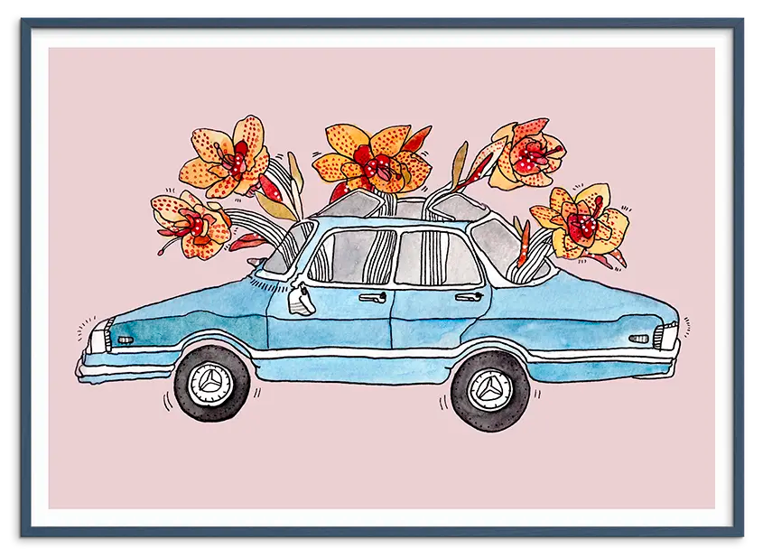Petroleumsblå træramme til BLOOMING CAR kunstplakat