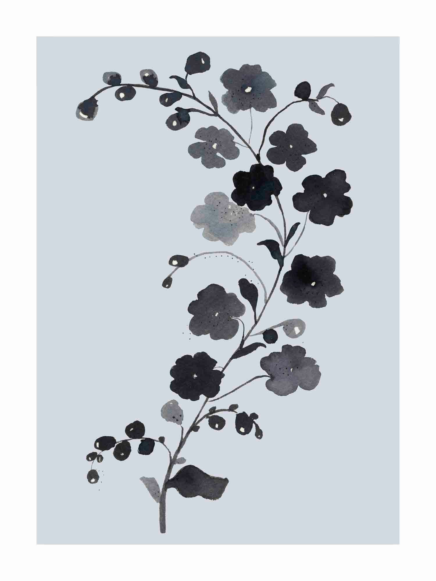 Japandi plakat med ensom blomst i stille melankoli. Håndtegnet dansk kunst fra Krull Studio.