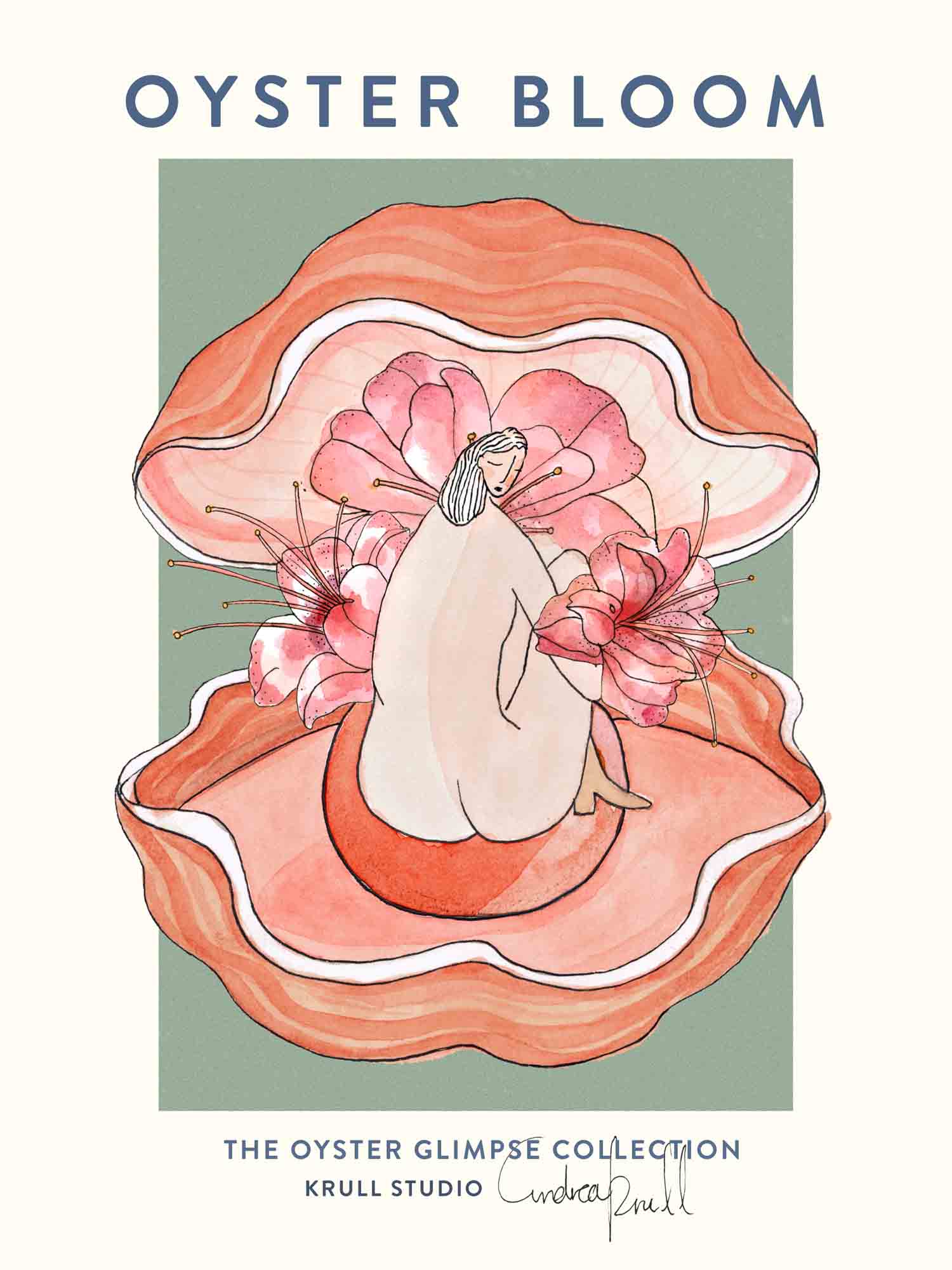 Japandi plakat med blomstrende østers fra havets bund. Håndtegnet dansk kunst fra Krull Studio.