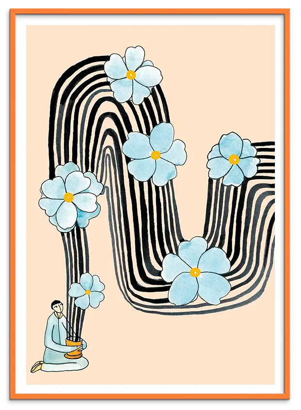 Orange træramme til FLORAL BATH kunstplakat