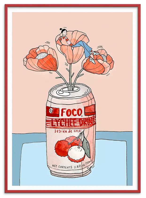 Rød træramme til LYCHEE SODA NAP kunstplakat