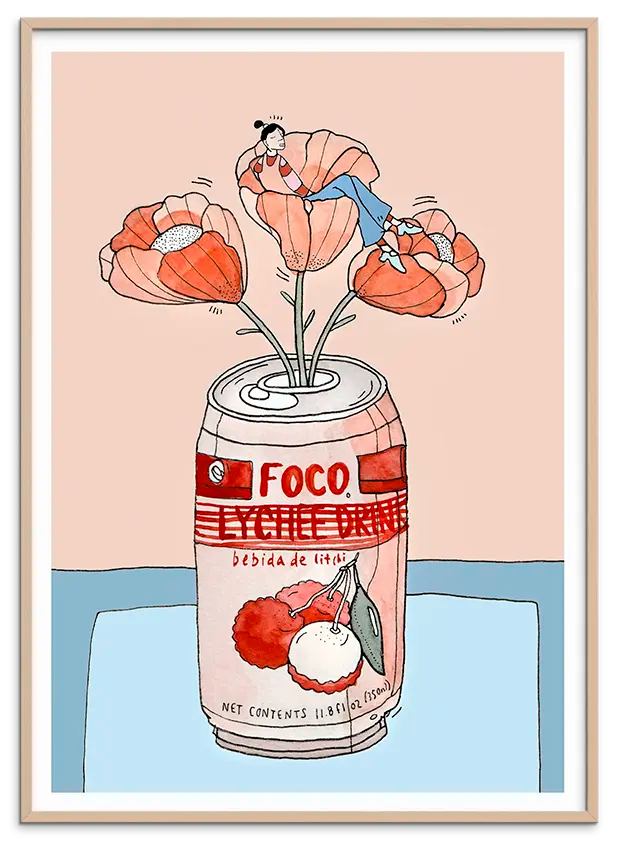 Rosa træramme til LYCHEE SODA NAP kunstplakat