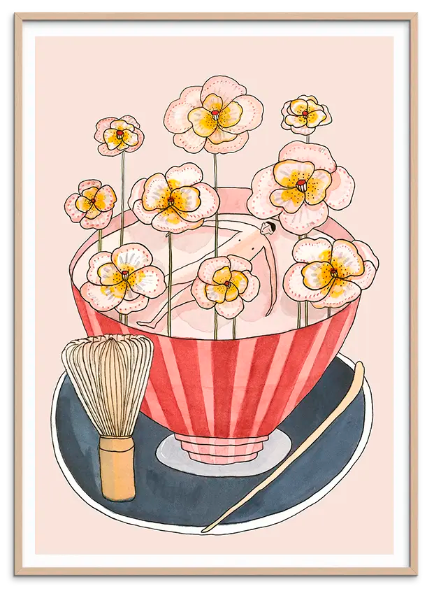 Rosa træramme til MATCHA BATH kunstplakat