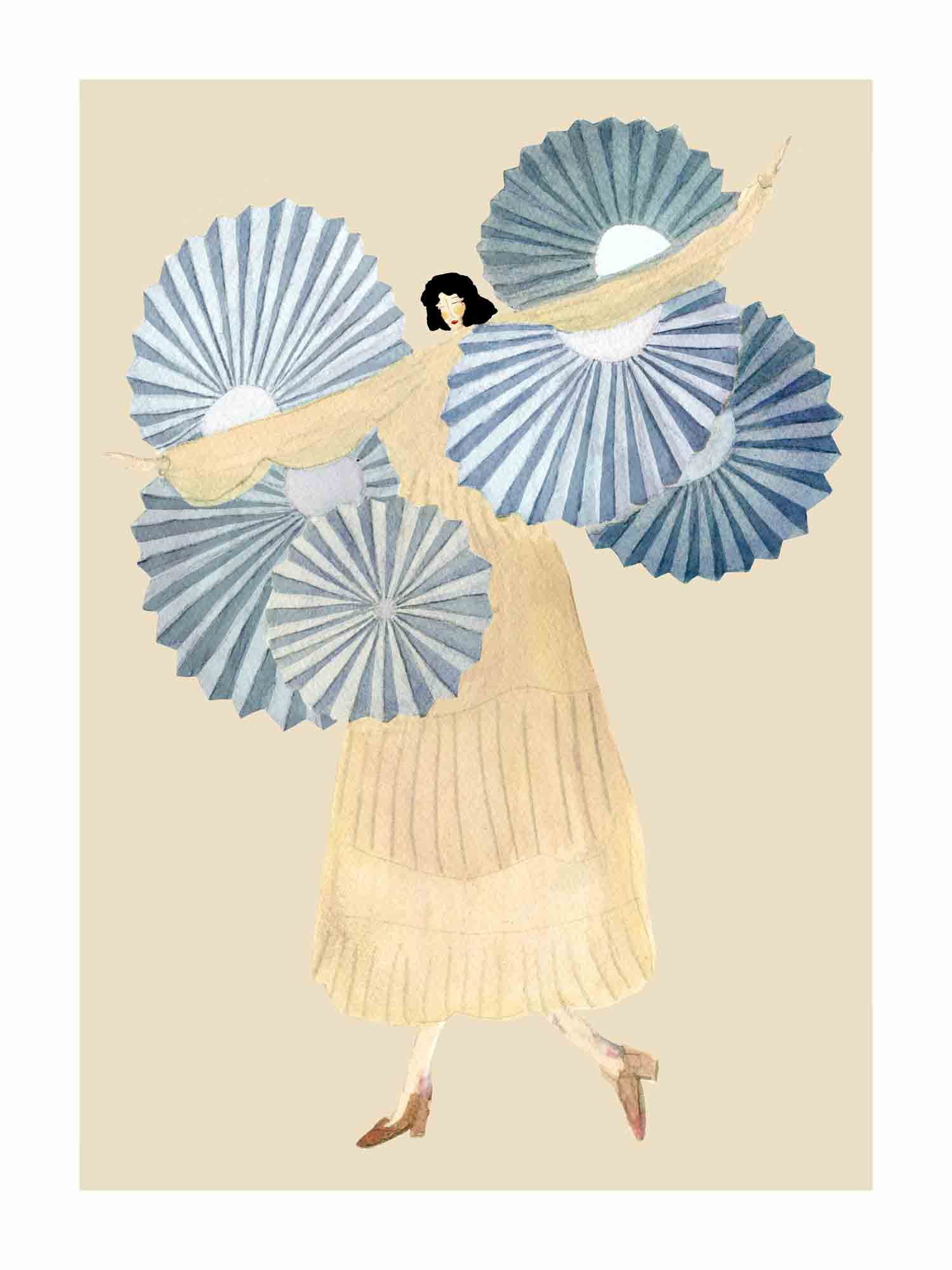 Japandi plakat med dansende blå vifter der sætter månen på himlen. Håndtegnet dansk kunst fra Krull Studio.