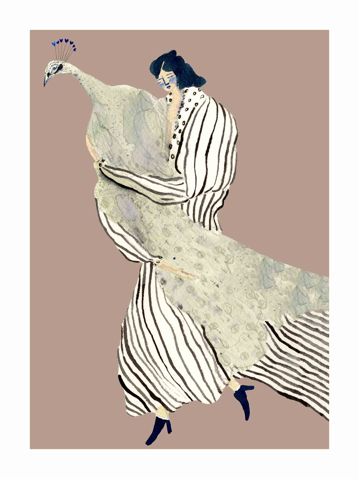 Japandi plakat med stjålen påfugl i farverig stil. Håndtegnet dansk kunst fra Krull Studio.