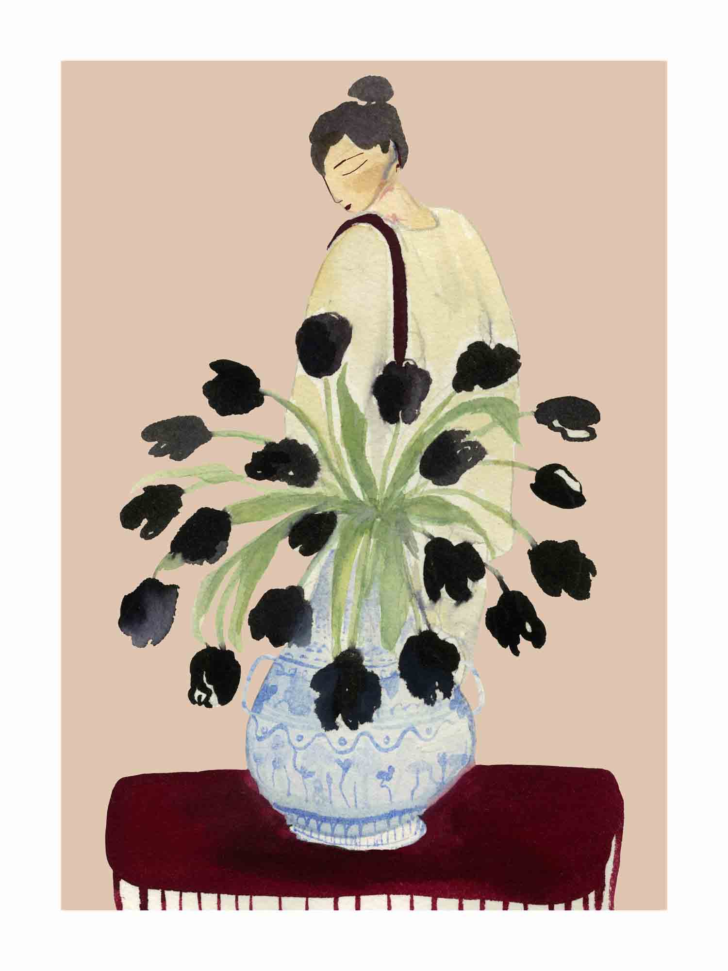 Japandi plakat med sorte franske tulipaner fra søndagsmarked. Håndtegnet dansk kunst fra Krull Studio.