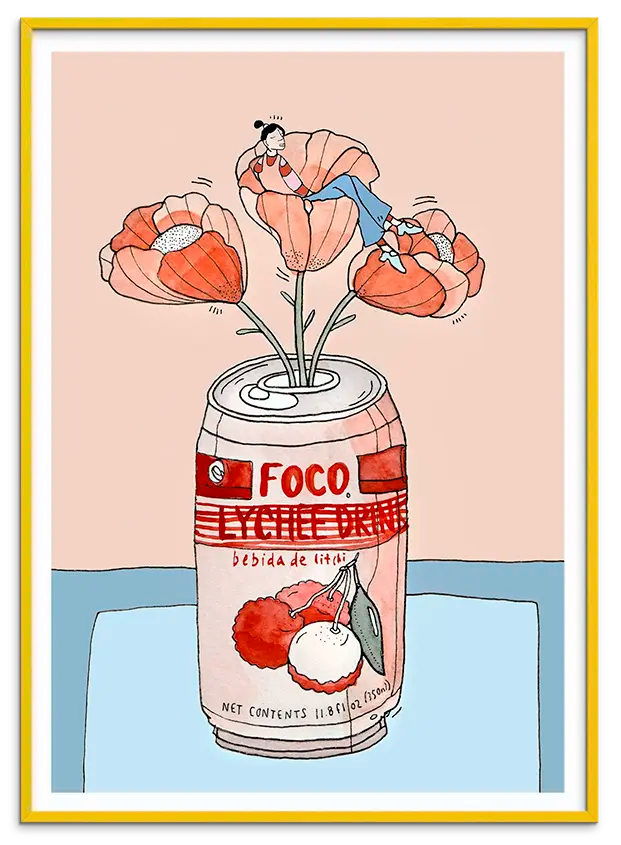 Gul træramme til LYCHEE SODA NAP kunstplakat