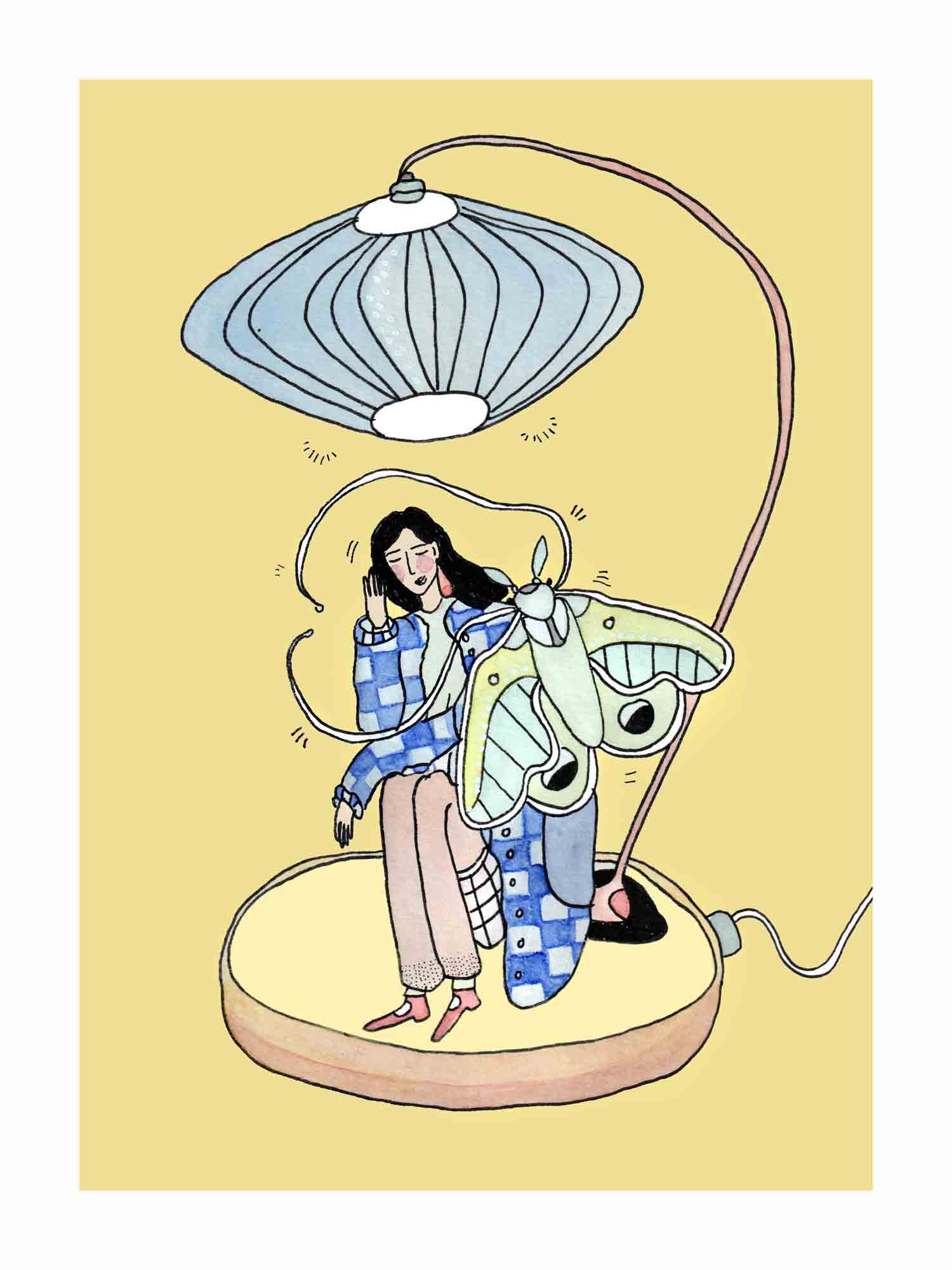 Japandi plakat med natsværmer på natbordet i intim stemning. Håndtegnet dansk kunst fra Krull Studio.