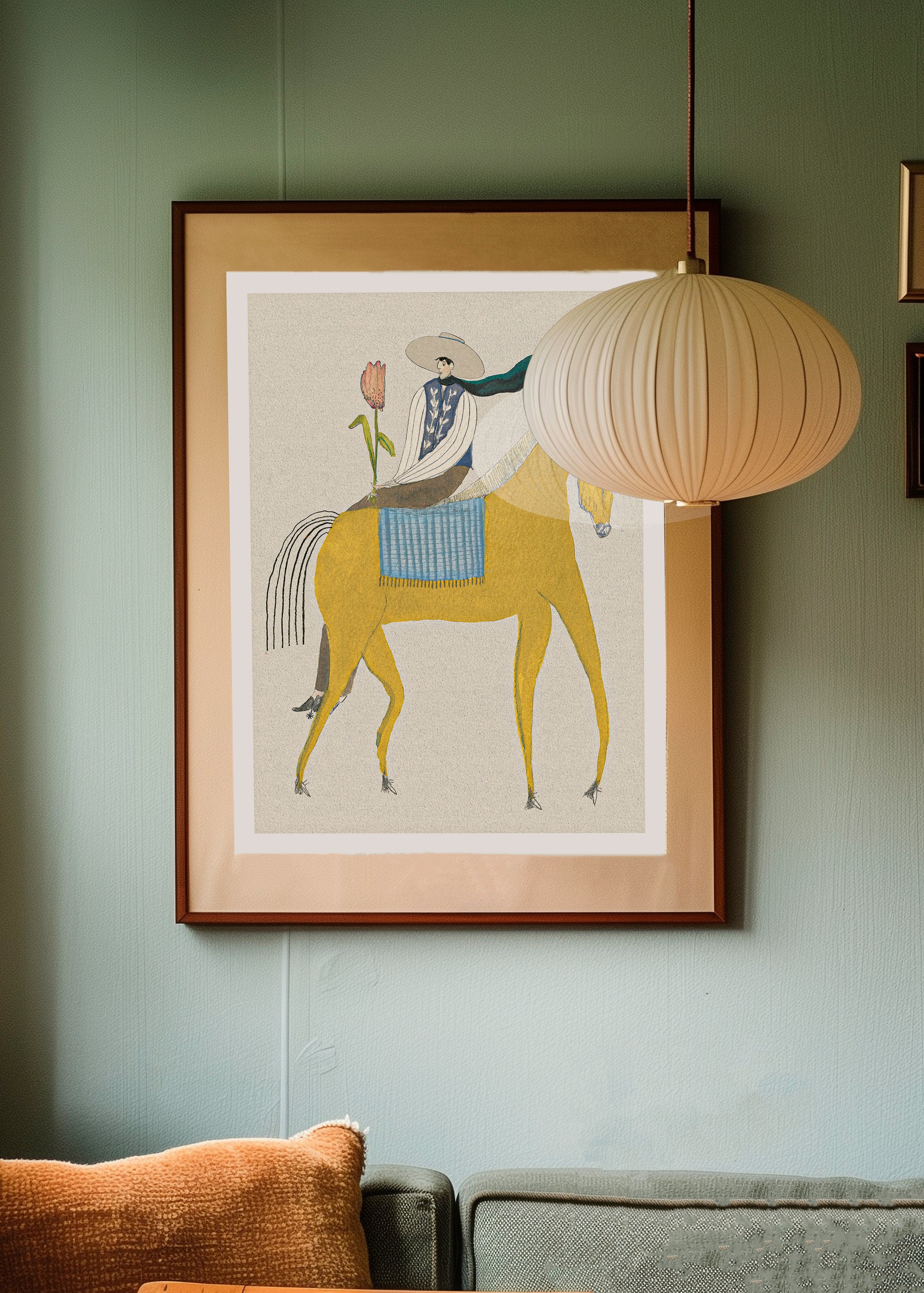 Tulipan Prinsen kunstplakat med rytter, tulipan og gul hest over en sofa