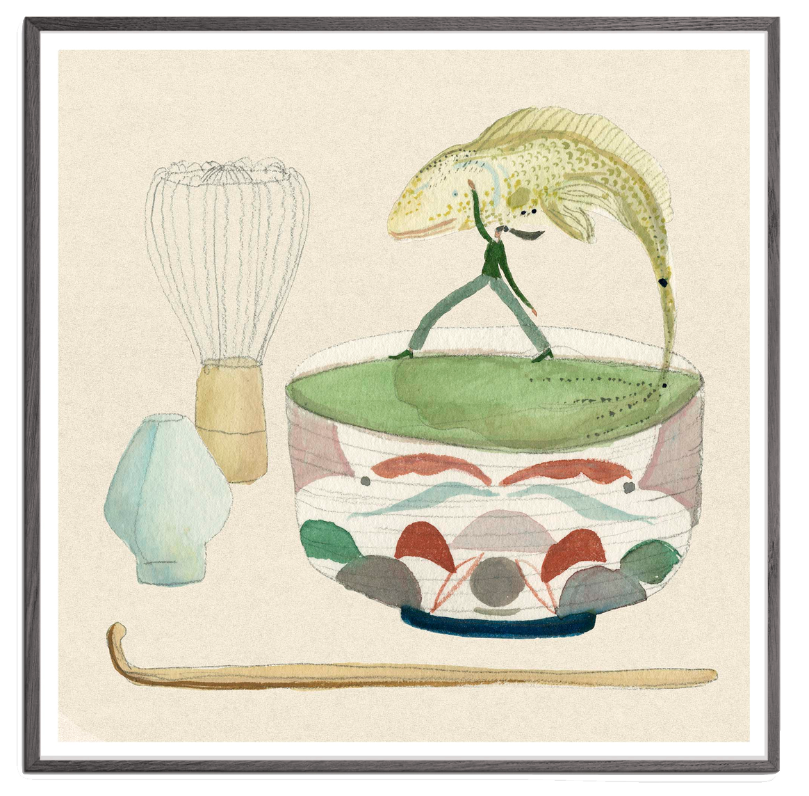 Matcha Fish kunstplakat i sort træramme – Krull Studio