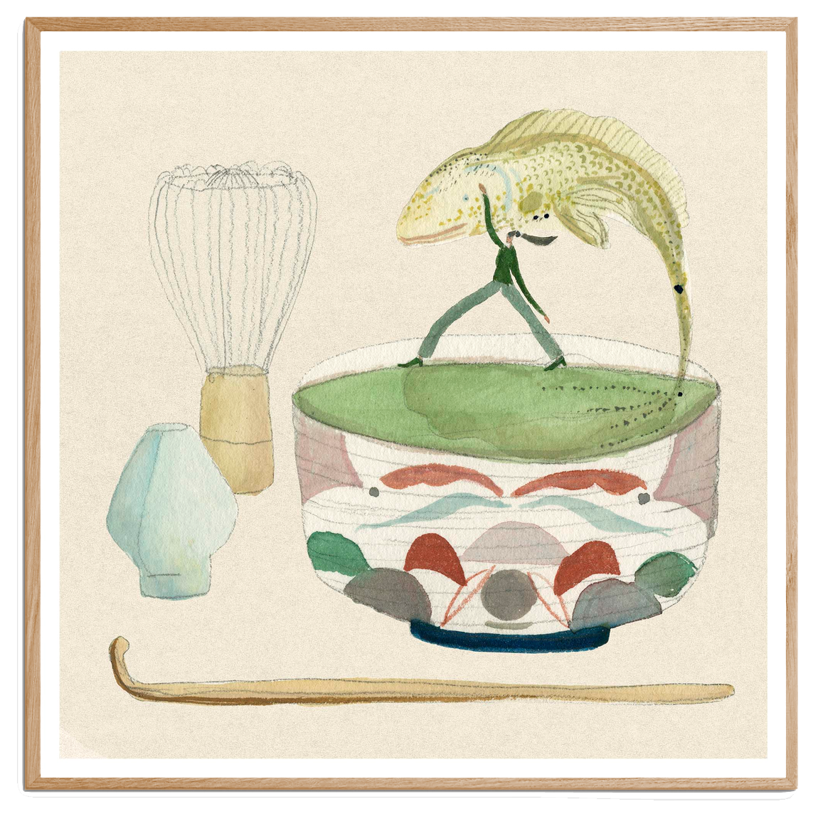 Matcha Fish kunstplakat i rosa træramme – Krull Studio
