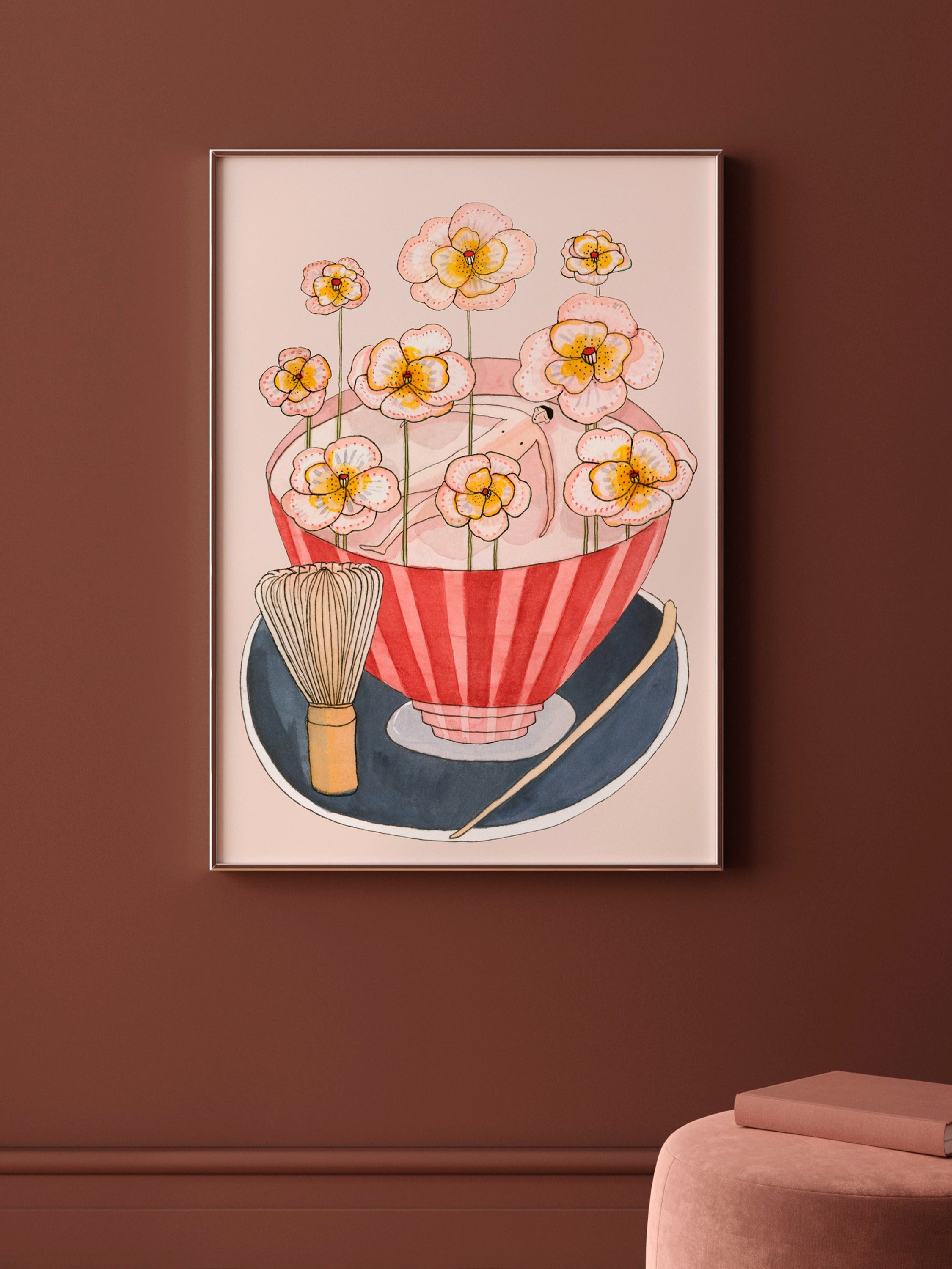 MATCHA BATH kunstplakat med kvinde i bad i rolig morgenstemning