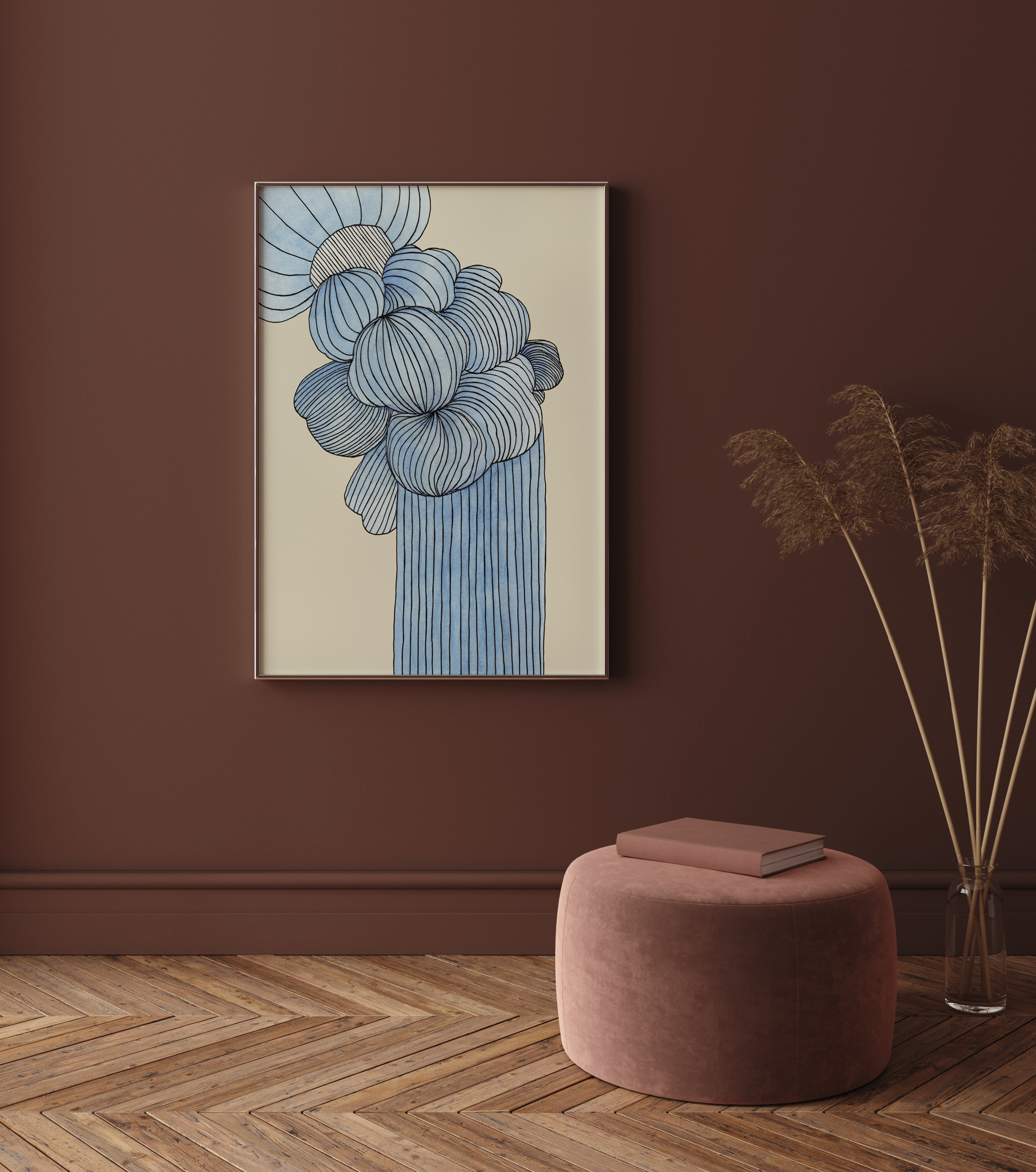 WATERFALLS kunstplakat i mørk ramme på rødbrun væg ved rosa puf og tørrede græsser