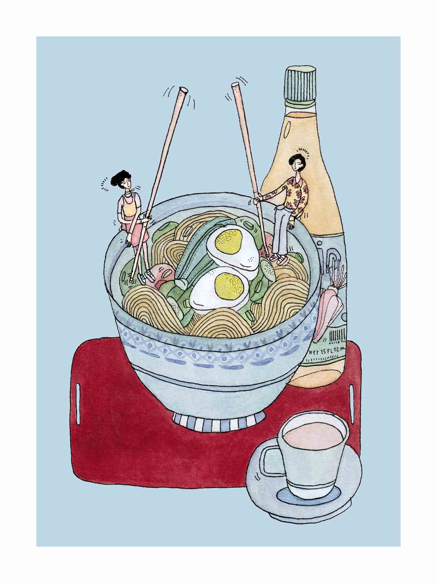 Japandi plakat med noodle gossip club i legende stil. Håndtegnet dansk kunst fra Krull Studio.