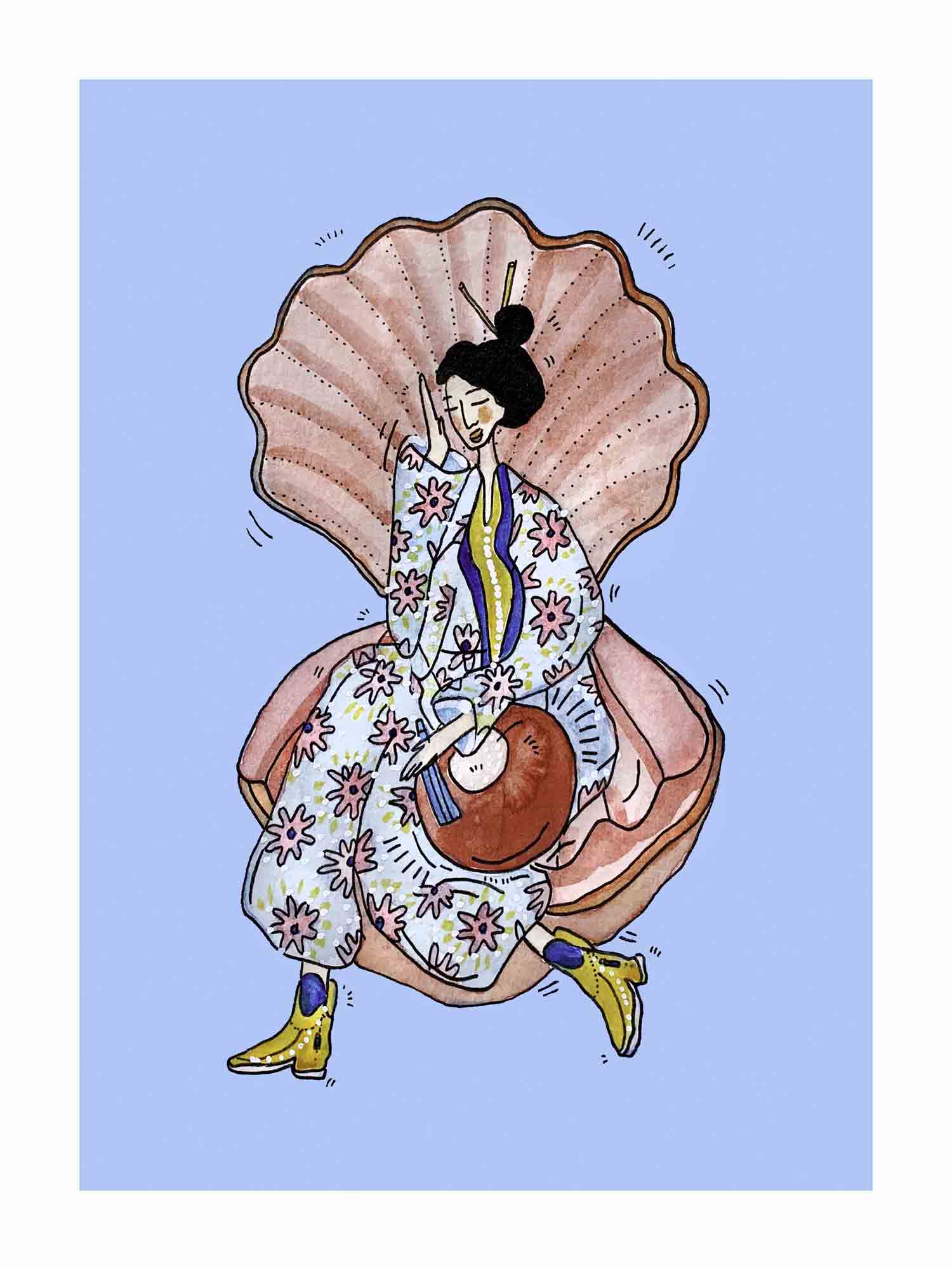 Japandi plakat med søskalshemmeligheder og kimono. Håndtegnet dansk kunst fra Krull Studio.
