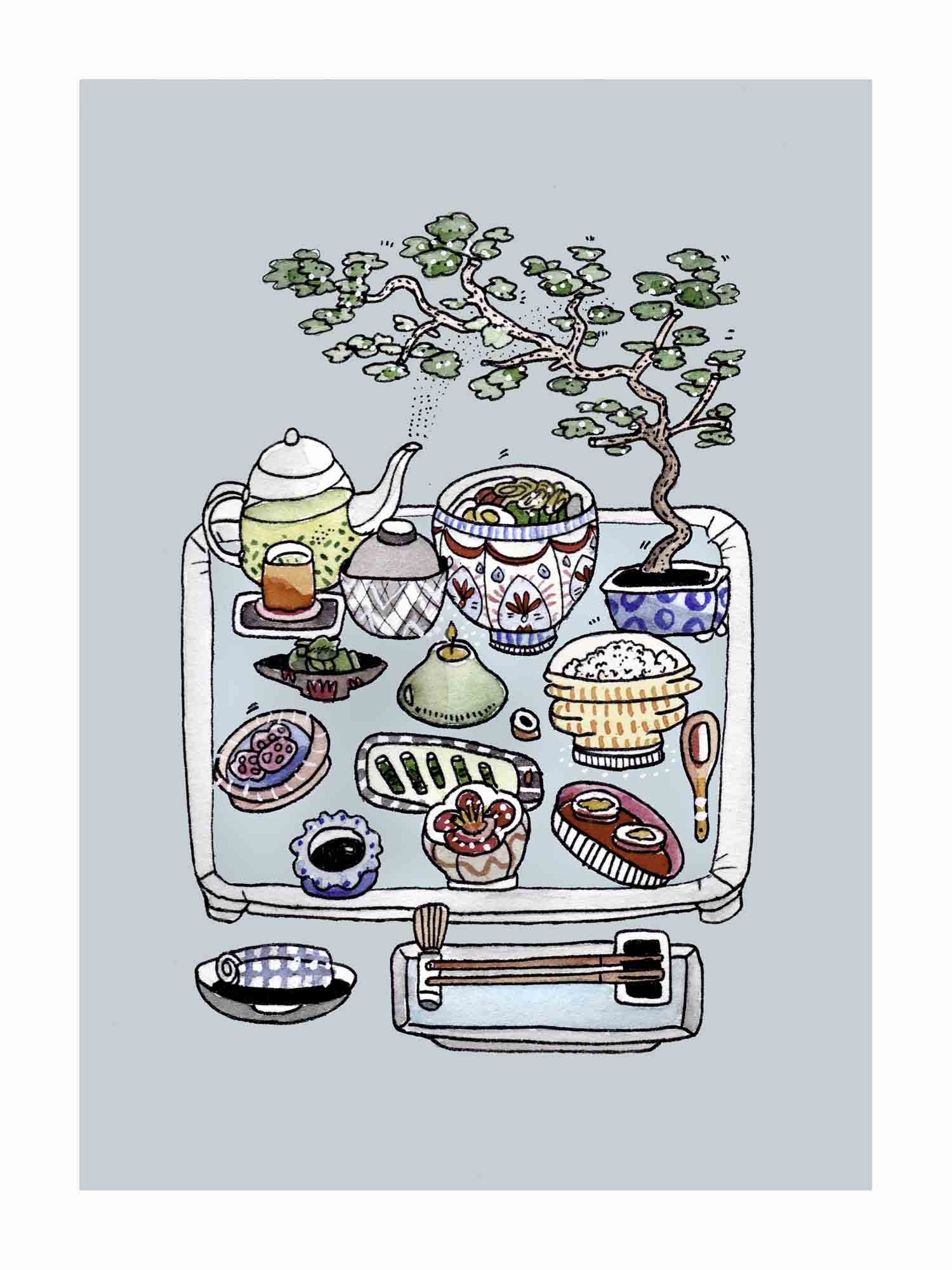 Japandi plakat med Tokyo morgenbord i stille japansk stemning. Håndtegnet dansk kunst fra Krull Studio.