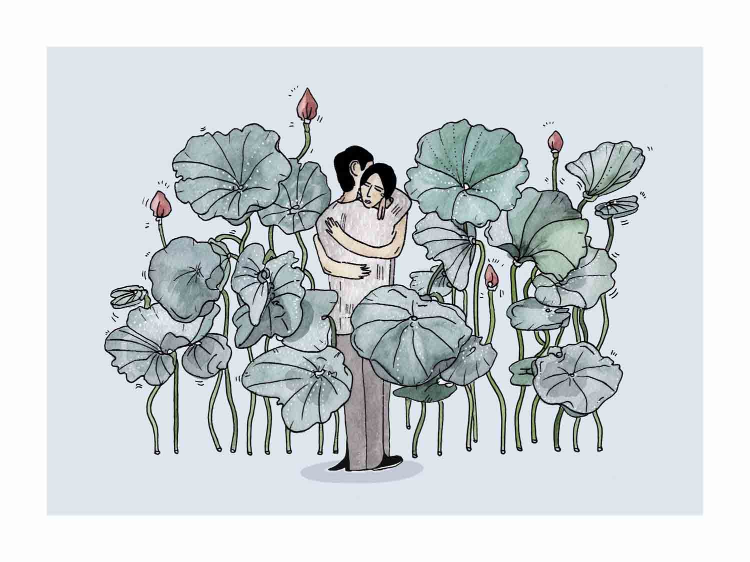 Japandi plakat med elskende åkander i botanisk dans. Håndtegnet dansk kunst fra Krull Studio.