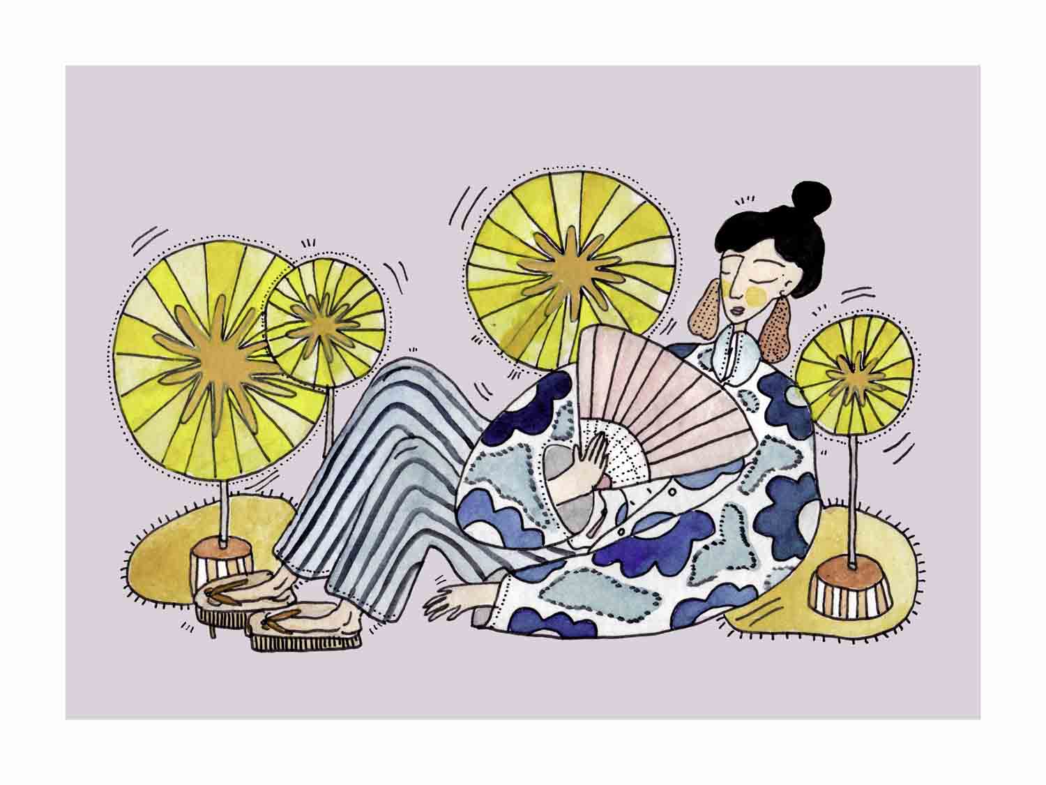 Japandi plakat med geisha og hvirvlende vifter i elegant stil. Håndtegnet dansk kunst fra Krull Studio.