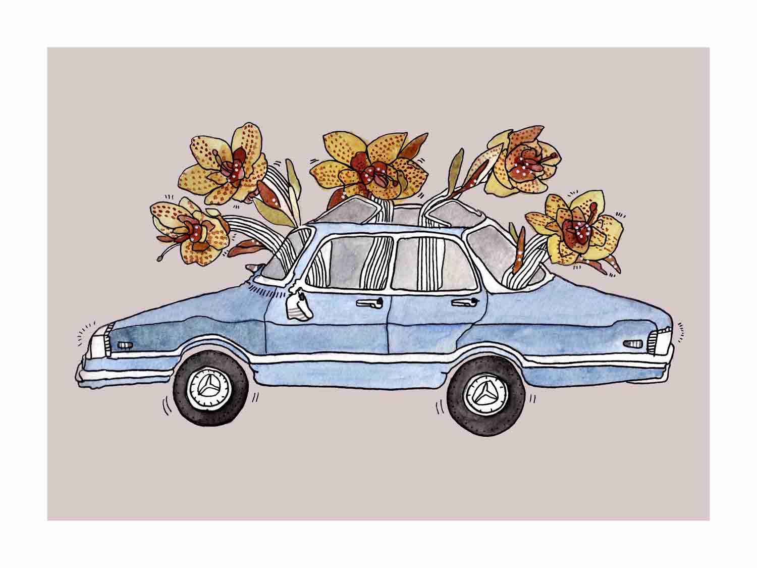 Japandi plakat med blomstrende Mercedes Benz i farverig stil. Håndtegnet dansk kunst fra Krull Studio.