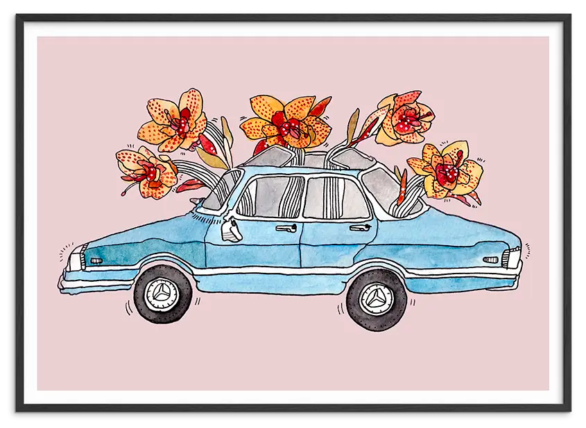 Sort træramme til BLOOMING CAR kunstplakat