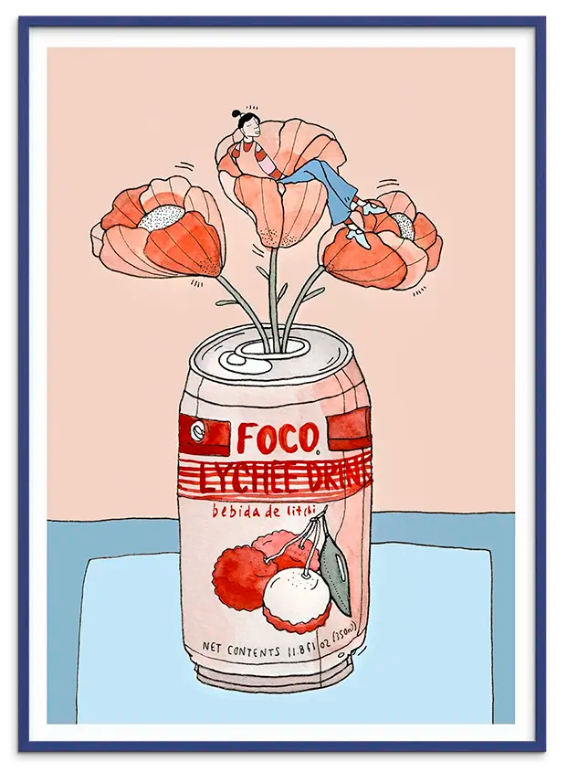 Blå træramme til LYCHEE SODA NAP kunstplakat