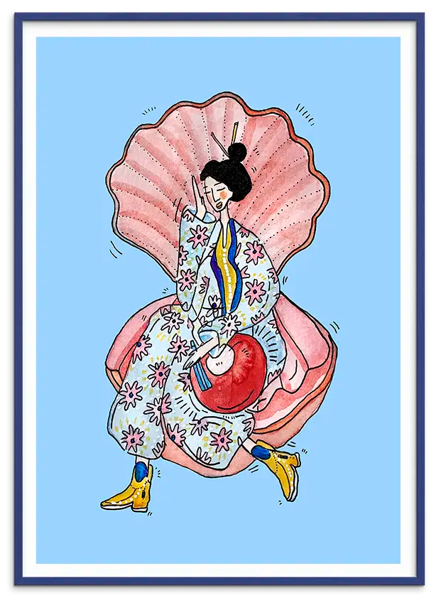 Blå træramme til OYSTER & KIMONO kunstplakat