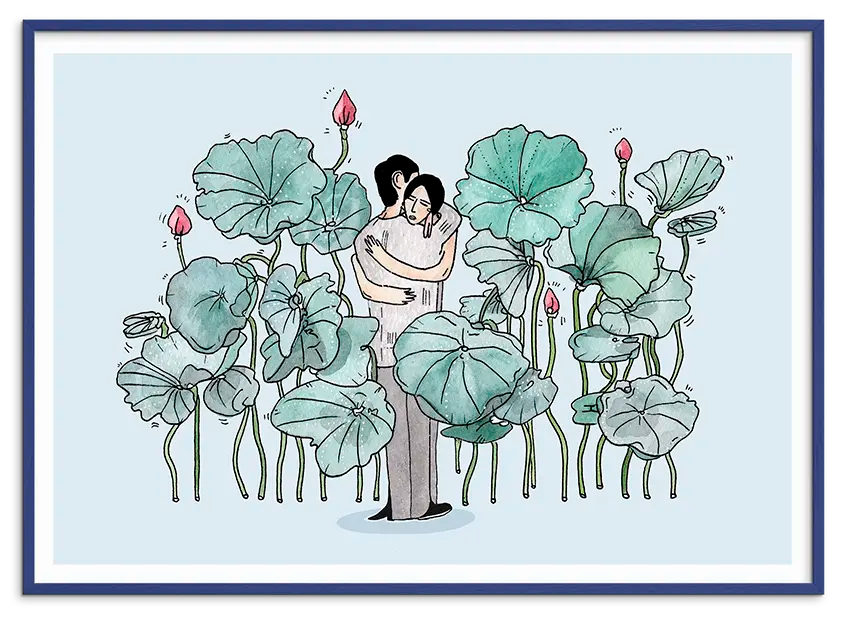 Blå træramme til WATER LILIES LOVERS kunstplakat