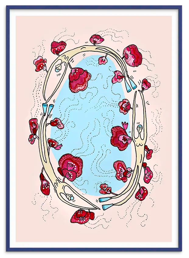 Blå træramme til SWIMMERS & PEONIES kunstplakat