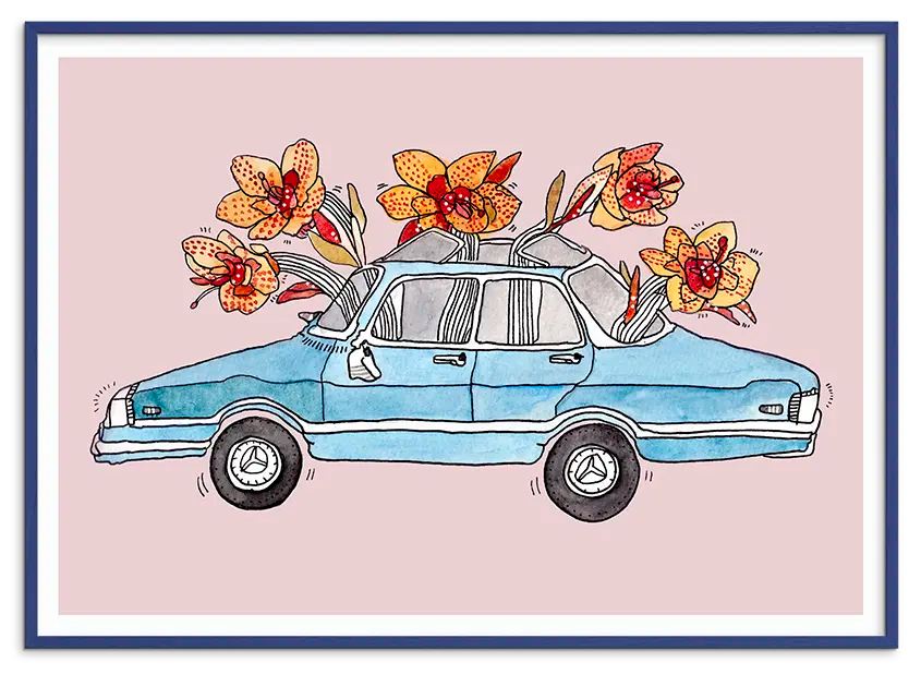 Blå træramme til BLOOMING CAR kunstplakat