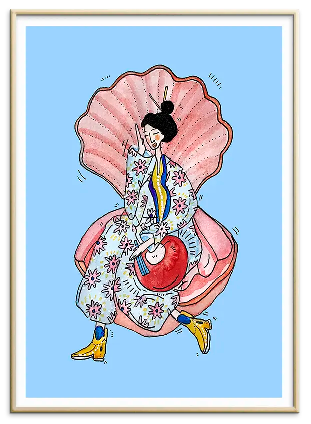 Messingfarvet aluminiumsramme til OYSTER & KIMONO kunstplakat