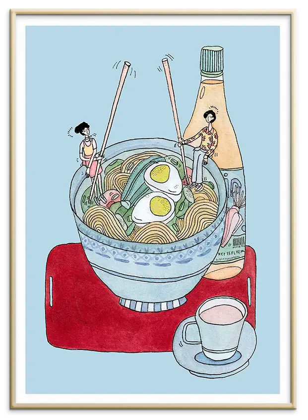 Messingfarvet aluminiumsramme til NOODLE GOSSIP kunstplakat