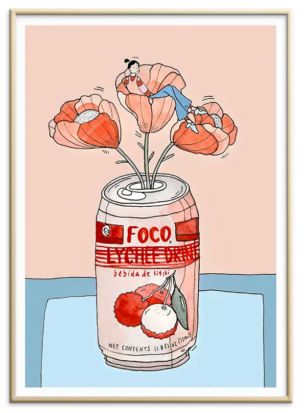 Messingfarvet aluminiumsramme til LYCHEE SODA NAP kunstplakat