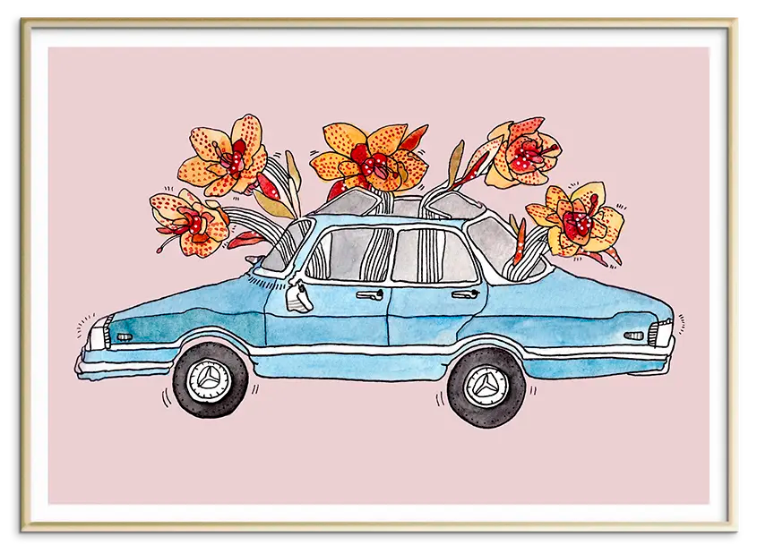 Messingfarvet aluminiumsramme til BLOOMING CAR kunstplakat