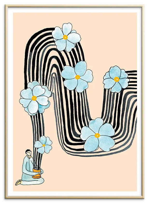 Messingfarvet aluminiumsramme til FLORAL BATH kunstplakat