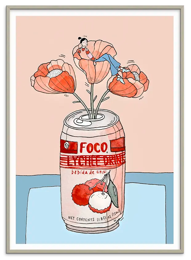 Cashmeregrå træramme til LYCHEE SODA NAP kunstplakat