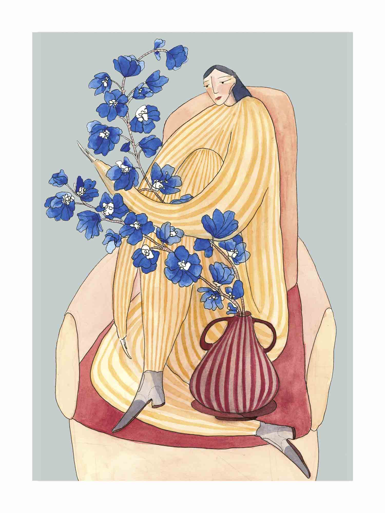 Japandi plakat med delphinium blomster i eftermiddagsstemning. Håndtegnet dansk kunst fra Krull Studio.