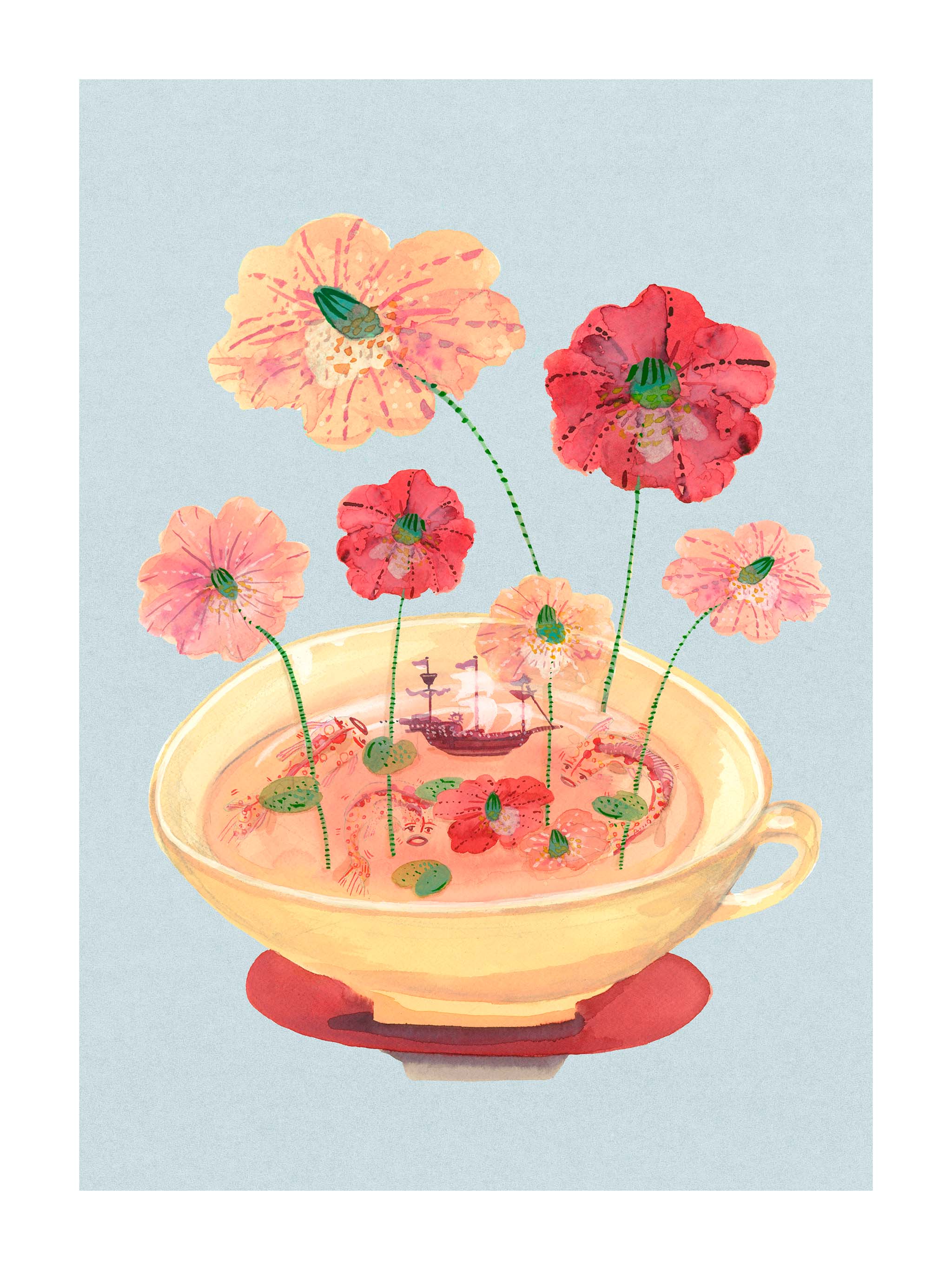 Børneplakat med spådomme i dampende darjeeling te. Håndtegnet dansk kunst fra Krull Studio.