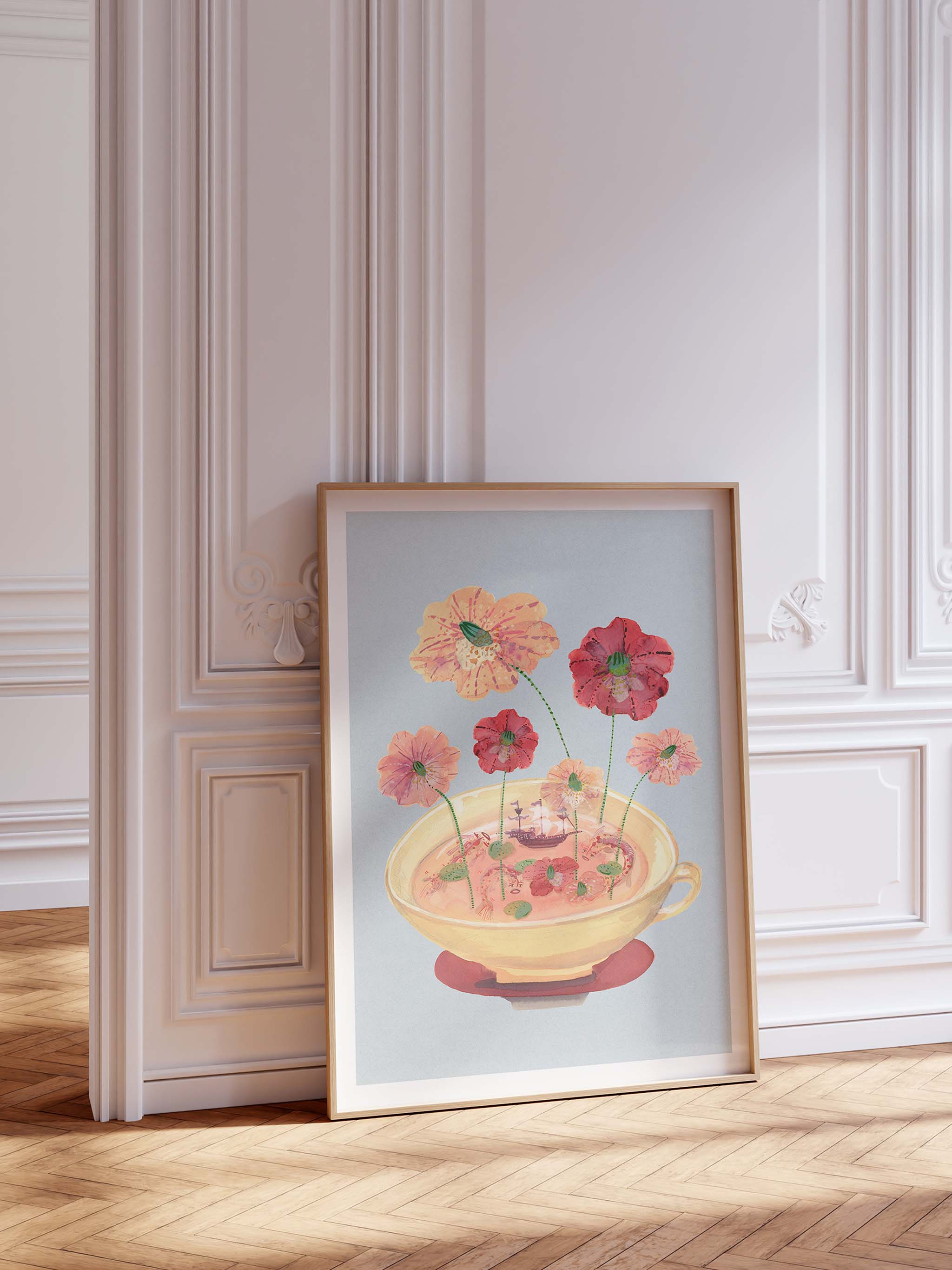 Darjeeling kunstplakat med rosa blomster i en gul tekop