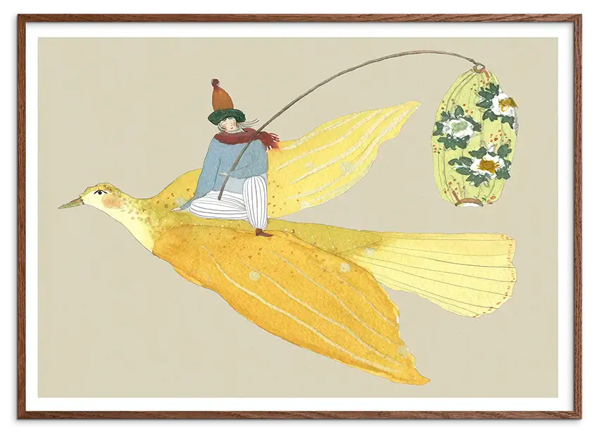 Mørk egetræsramme til Lysfuglen børneplakat